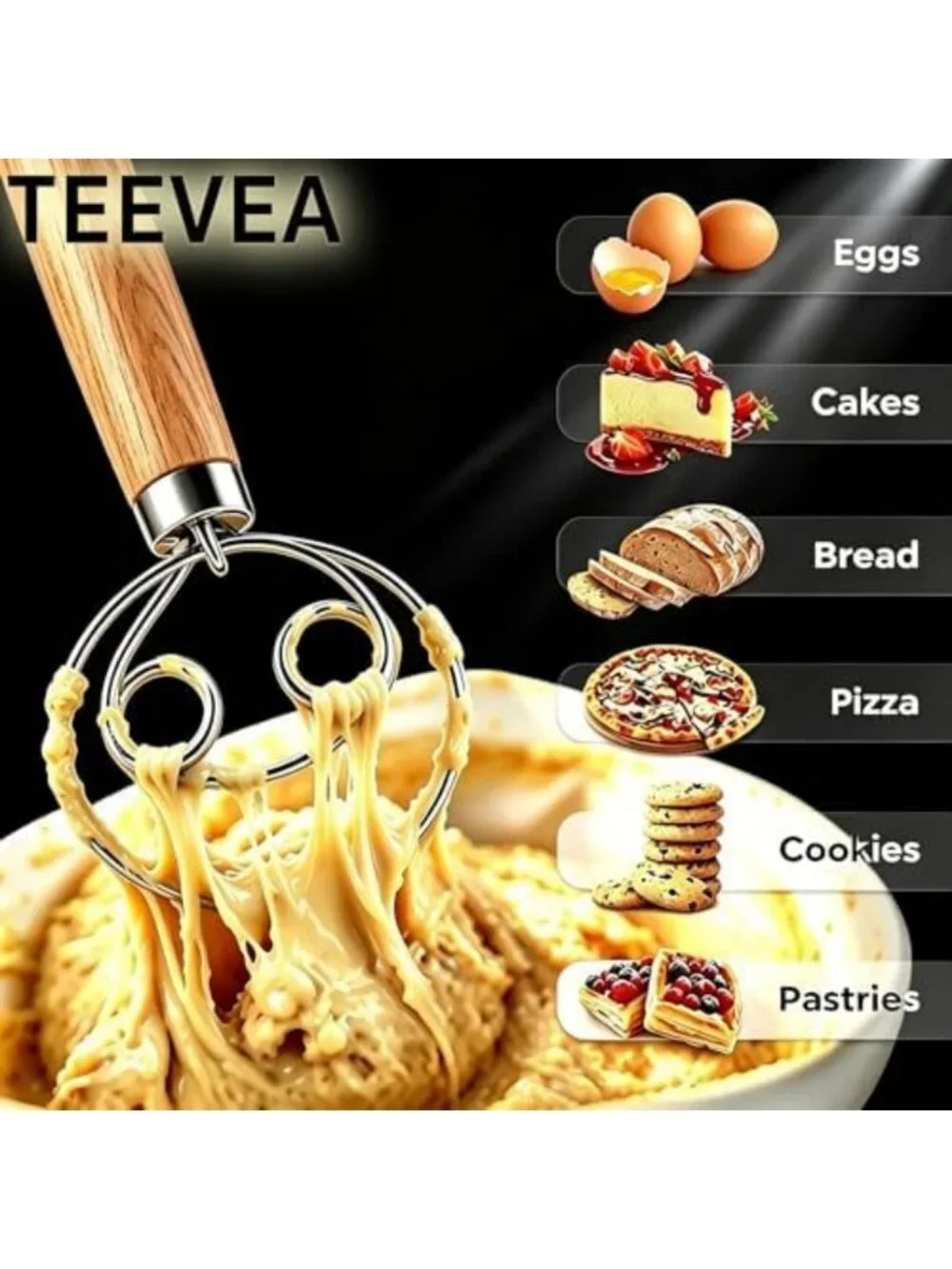 Danish Dough Whisk with Stainless Steel & Wooden Handle for Sourdough Baking